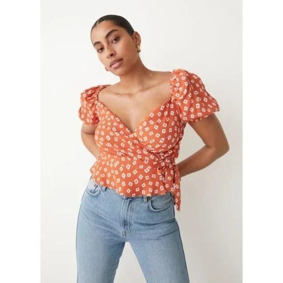 & Other Stories Tops - NWT & Other Stories Puff Sleeve Wrap Blouse in Orange Squares Size EU42/USMED